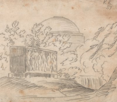 Ein Sarkophag hinter einem Kuppelgebäude von John Robert Cozens
